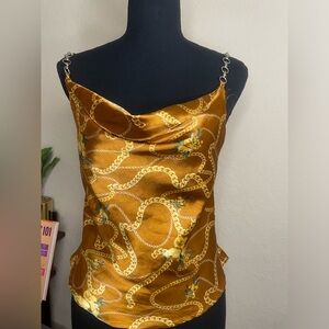 Y2K silk printed  Gold print tank top with Gold detailing size S‎ vintage